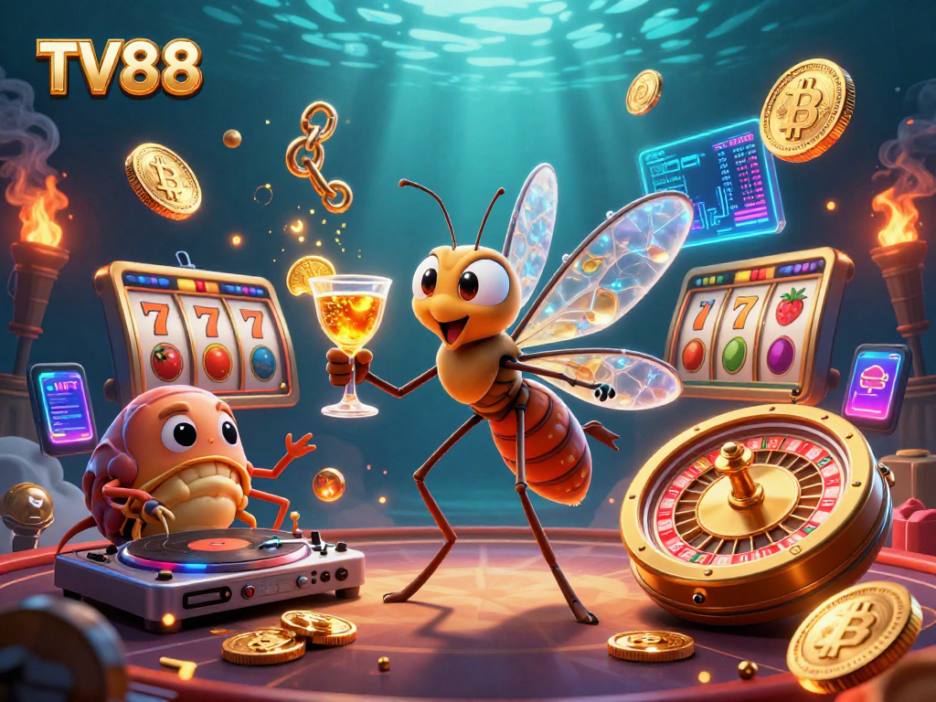 Experience the excitement of TV88 with a vibrant casino scene featuring animated characters and crypto elements.