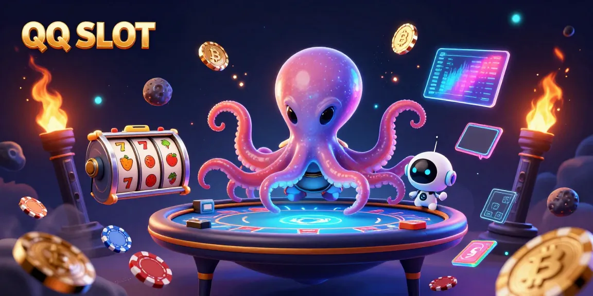 Spin the reels with QQ SLOT in a vibrant, engaging 3D illustration showcasing dynamic gambling elements.
