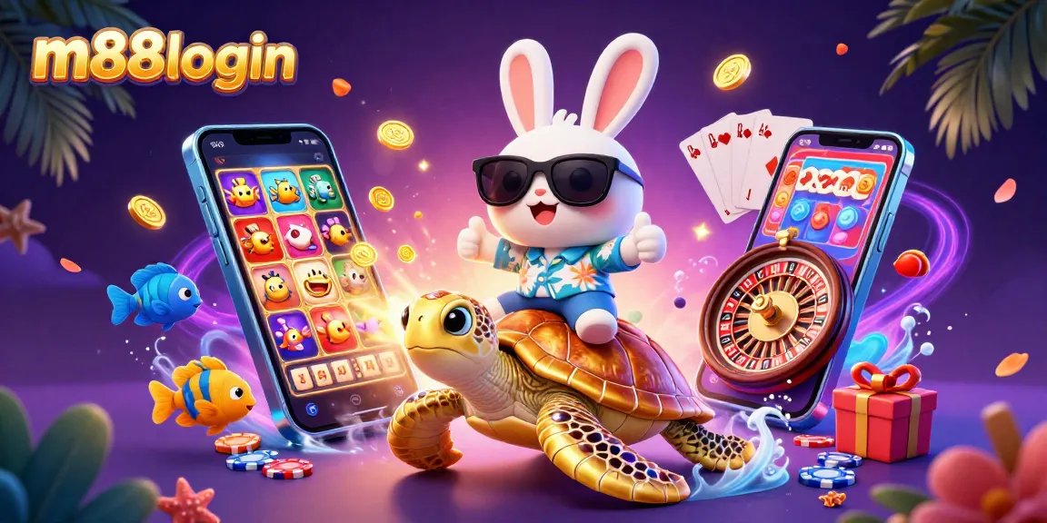 Engage in thrilling gaming at m88login with a cheerful cartoon rabbit winning big on slots!
