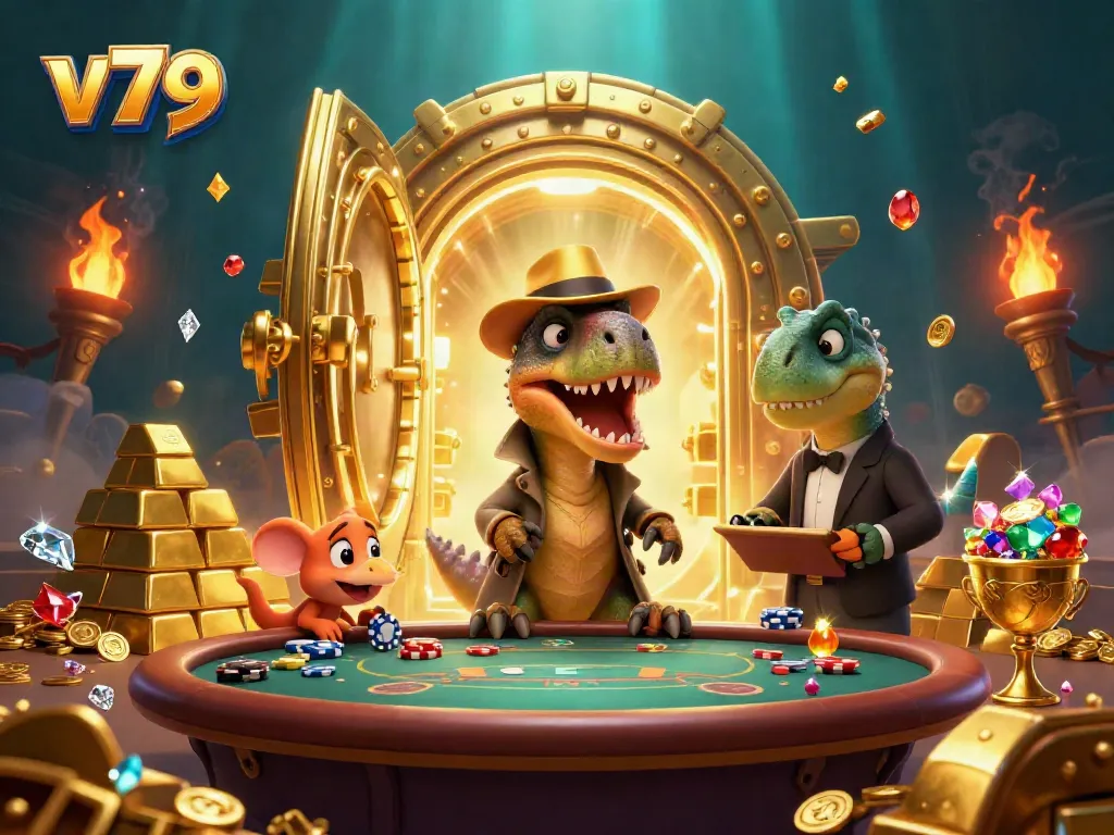 Experience v79's thrilling casino realm with a card-counting velociraptor at a blackjack table.