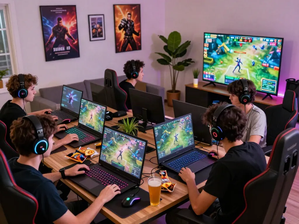Kegiatan bermain game diana4d oleh sekelompok gamer di ruang modern dengan kolaborasi yang penuh semangat.