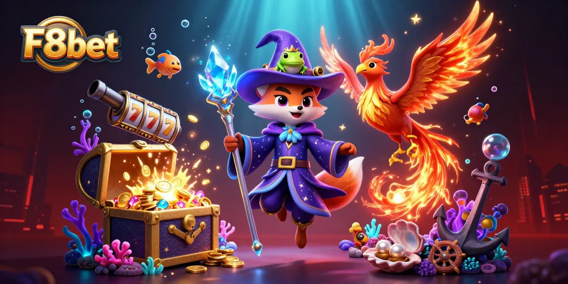Experience the thrill of F8bet gaming with a mystical wizard fox and phoenix in a vibrant, rich casino scene.