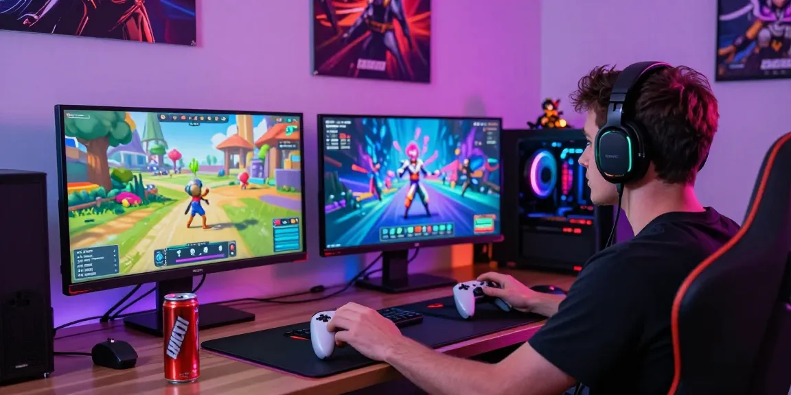 Bola88 user enjoying an immersive gaming experience at a vibrant digital gaming setup with colorful visuals.