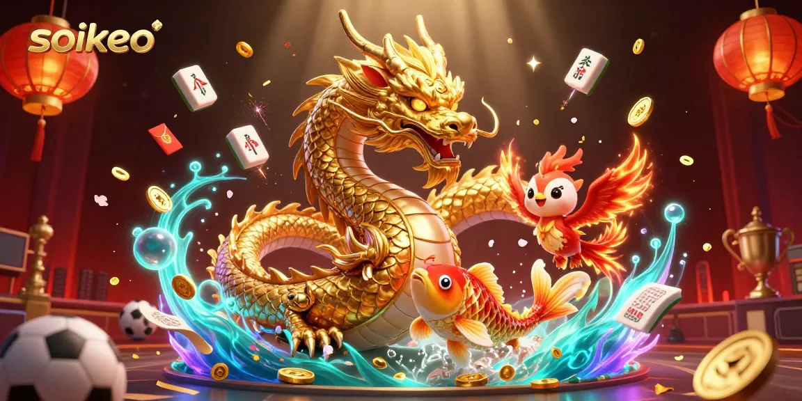 Bet on soikeo with an epic illustration of a dragon, phoenix, and golden koi fish, symbolizing success.