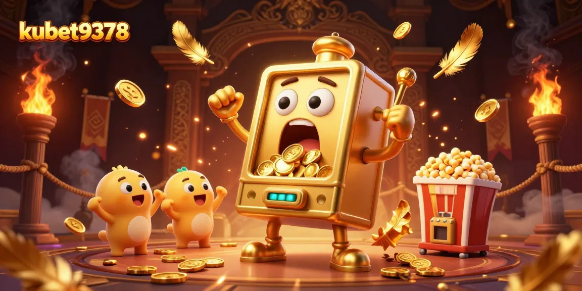Kubet9378's golden slot machine hits the jackpot, celebrating with coins and baby slots.