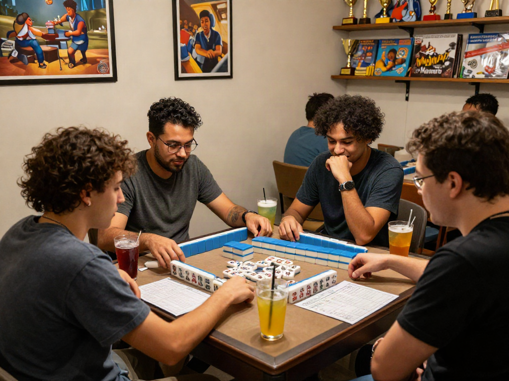 Enthusiastic players enjoying MAHJONGJP88 Official game in a cozy atmosphere, showcasing vibrant tiles and social interaction.