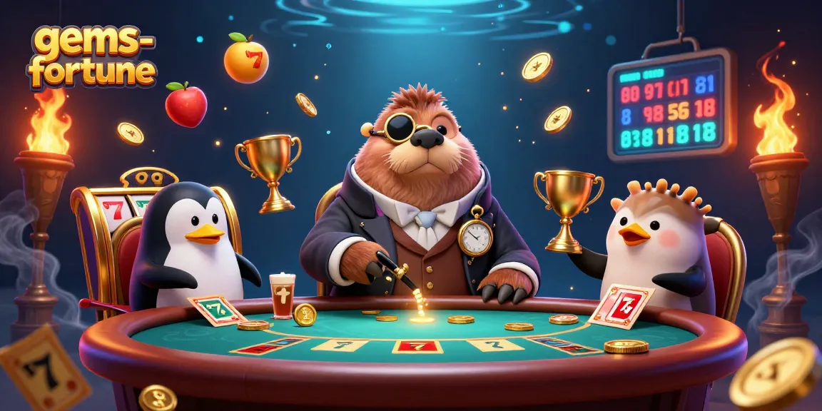 Play exciting slots with gems-fortune at a dynamic underwater poker table featuring whimsical characters.