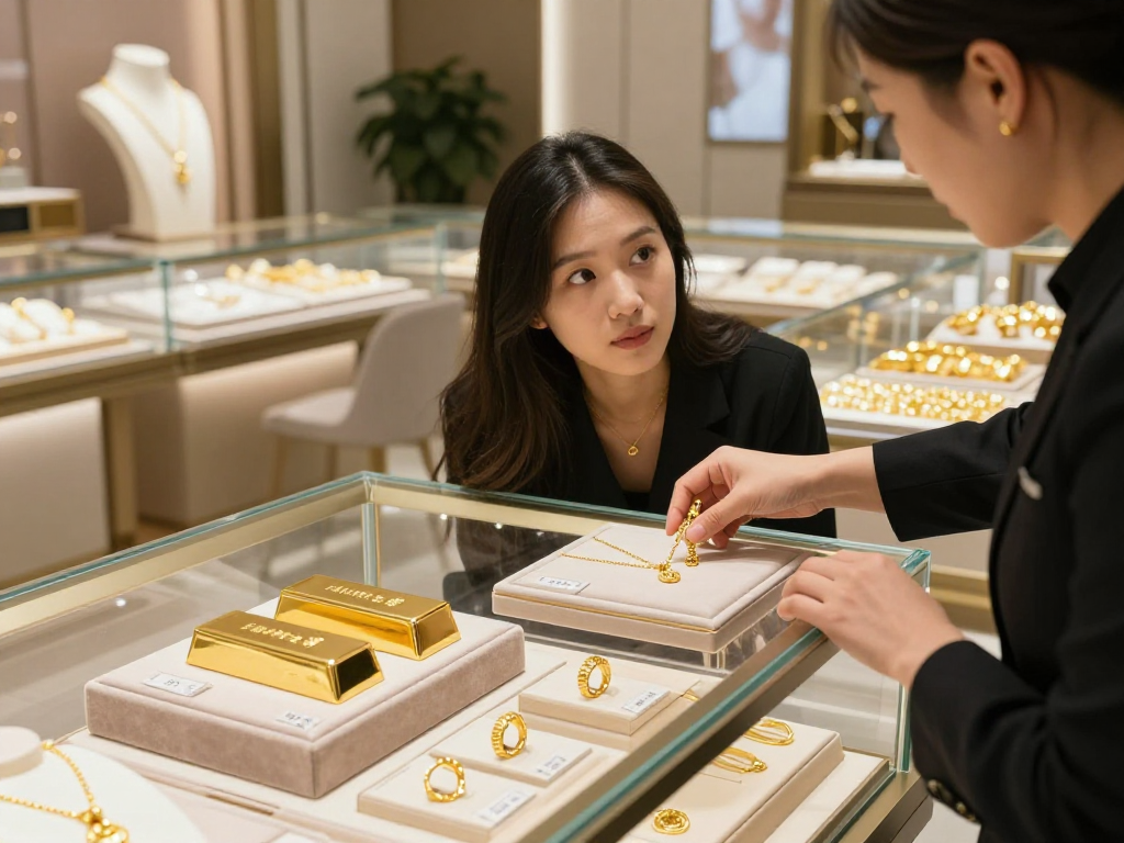 Gold jewelry display with a customer inquiring about mantra88 quality in a luxurious retail setting.