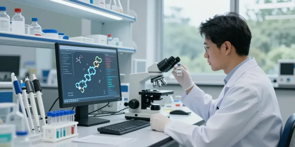 Researcher analyzing klow80 peptide blend in a modern laboratory environment.