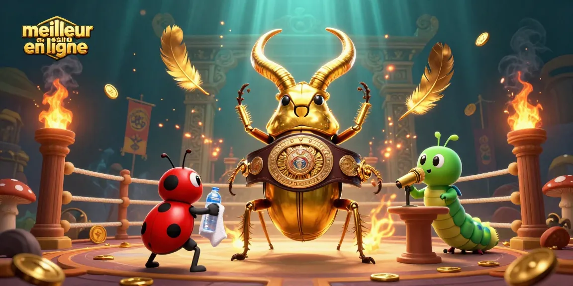 Découvrez l'illustration 3D d'un combat épique dans le meilleur casino en ligne avec un scarabée doré et des éléments de jeu.