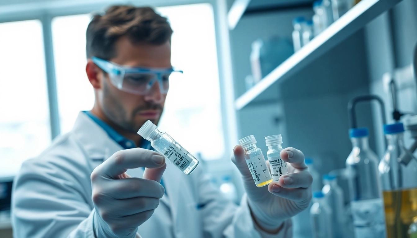 Research peptides being examined by a scientist in a modern laboratory setting.