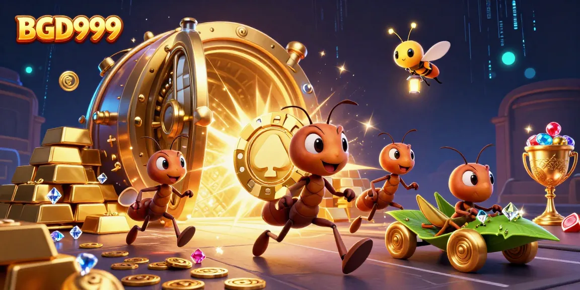 BGD999 showcases 3D ants stealing a giant poker chip in a vibrant casino environment