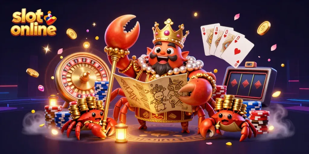 Play thrilling slot online games amidst an engaging 3D casino scene featuring a golden crab emperor.