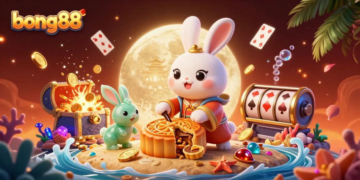 bong88 showcases a vibrant moon rabbit scene with dynamic casino elements, emphasizing exciting gameplay.