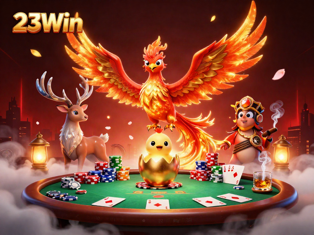 Experience the thrill of 23Win with a vivid scene of a phoenix and poker elements in action.