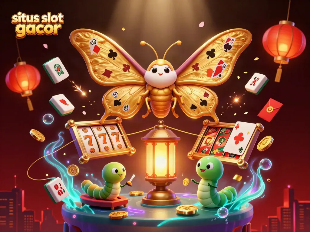 Engage with the situs slot gacor through vibrant 3D casino illustration featuring majestic moths and glowing elements.