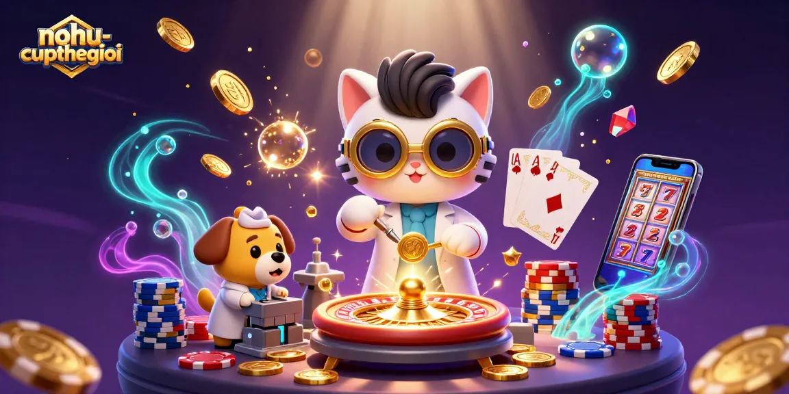 Nohu-cupthegioi showcases a lively scene of a mad scientist cat and dog, featuring casino elements like coins, a roulette wheel, and scattered playing cards.