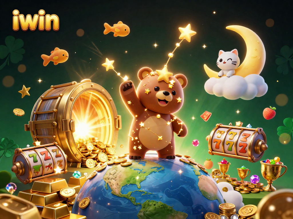 iwin showcases a constellation bear scooping coins in a vibrant casino scene with slot elements.