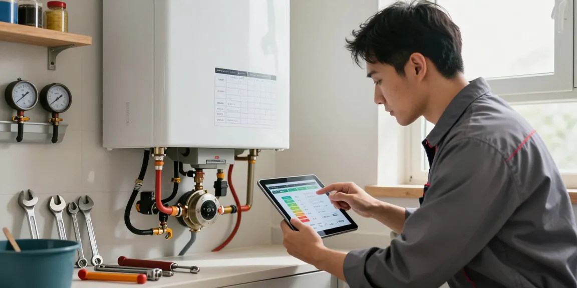 Technician examining boiler for repairs and maintenance, see more details on heating safety.