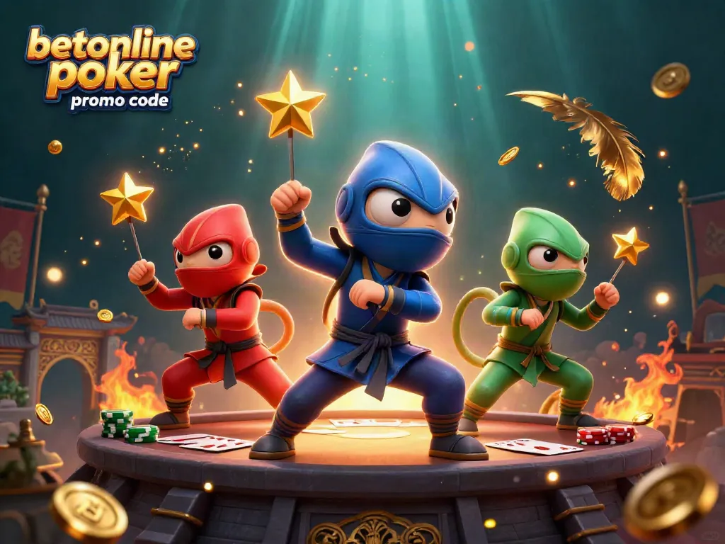 Engaging scene depicting a vibrant betonline poker promo code with chameleon ninjas and poker elements.