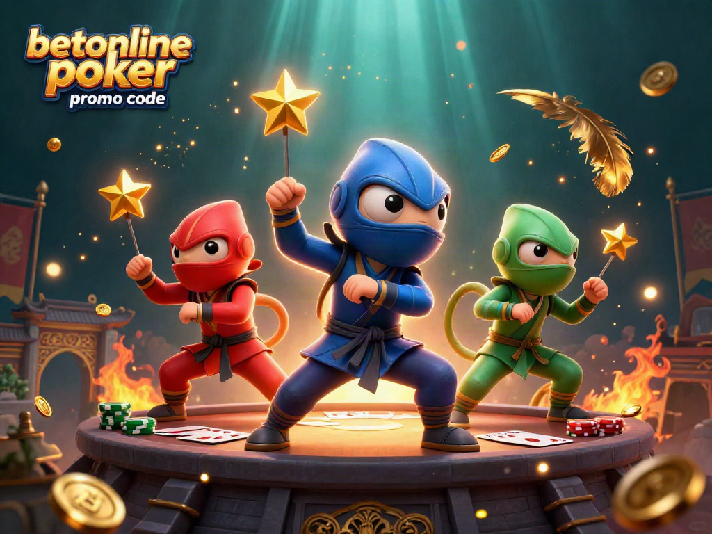 Engaging scene depicting a vibrant betonline poker promo code with chameleon ninjas and poker elements.