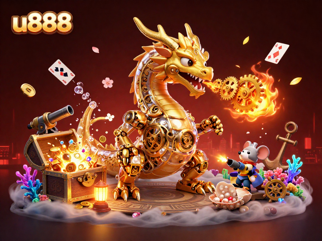 Experience the excitement of u888 with a vibrant 3D illustration featuring a golden dragon and casino elements.