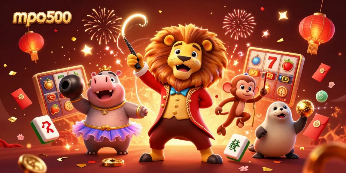 Experience spectacular wins with mpo500 in this lively casino scene featuring a lion ringmaster, hippo, monkey, and seal.