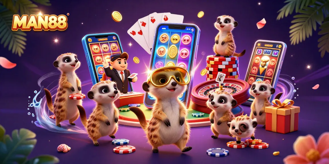 Experience MAN88's vibrant casino world with meerkats in a playful game scene.