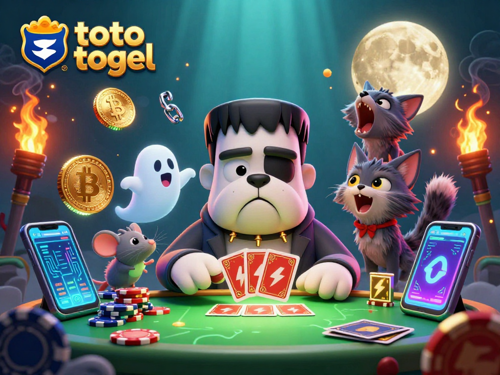 Engage with toto togel strategy at this immersive 3D casino scene, showcasing themed characters and crypto elements.