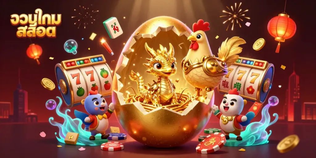 Experience an exciting gaming moment with รวมเกมสล็อต at a vibrant casino atmosphere featuring golden dragon and slot reels.