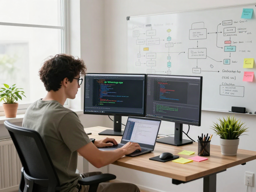Developer coding gb whatsapp apk in a modern workspace filled with tech elements.