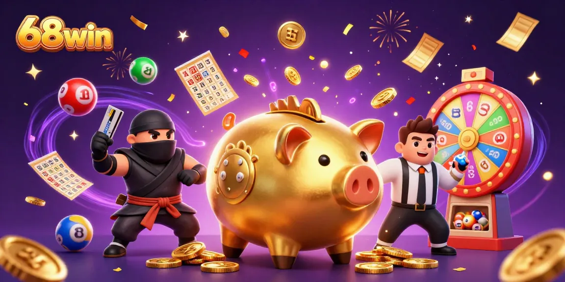 Engage with 68win as the golden piggy bank wrestler showers coins amidst colorful lottery balls.
