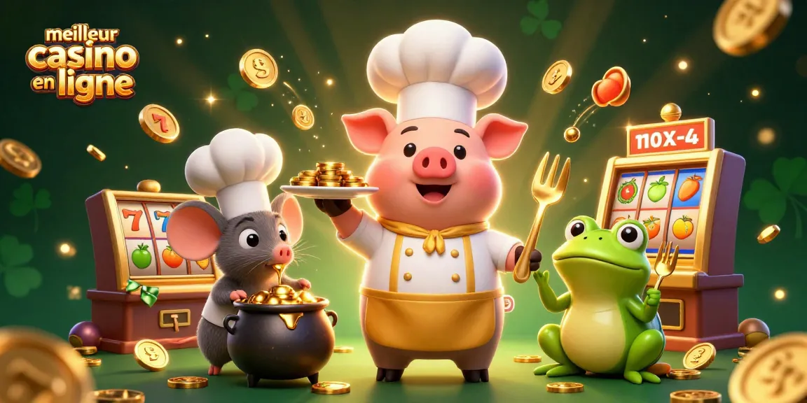 Illustration dynamique du meilleur casino en ligne avec un chef cochon servant des pièces d'or, entouré de symboles des machines à sous.
