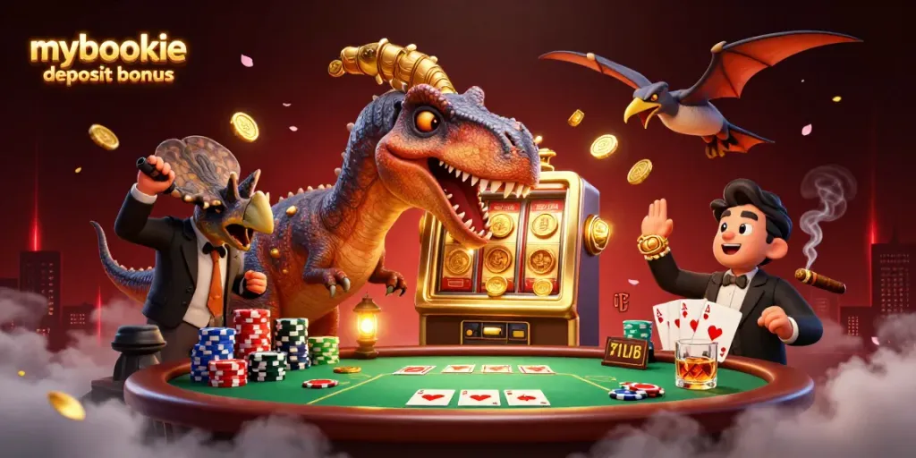 Catch a mybookie deposit bonus as a pachycephalosaurus hits a slot machine for jackpot coins.